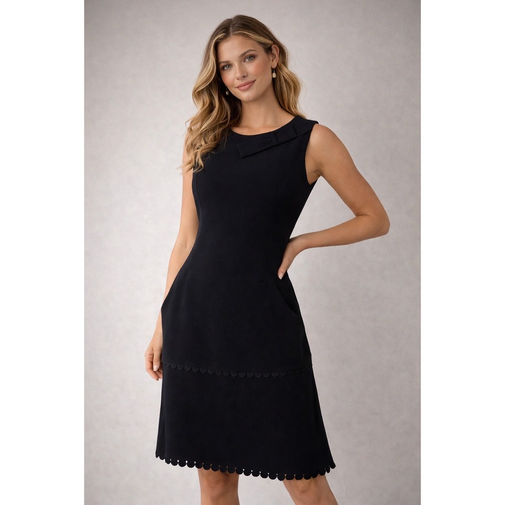 Marina Womens Dress Black‎ Sleeveless Bow Neck Scalloped Trim Shift
